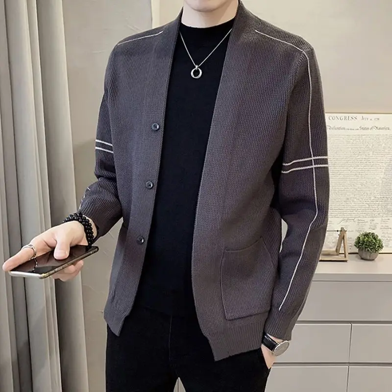 

Knitted Sweaters for Men Cardigan Plain Man Clothes Solid Color Jacket with Pockets Coat V Neck X Elegant High Quality Replica