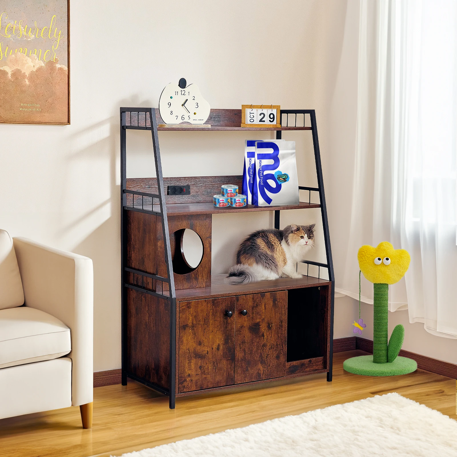 Cat Litter Box Enclosure w/ 3 Shelves and Doors, 3 in 1 Large Cat House Cabinet Wood Cat Washroom
