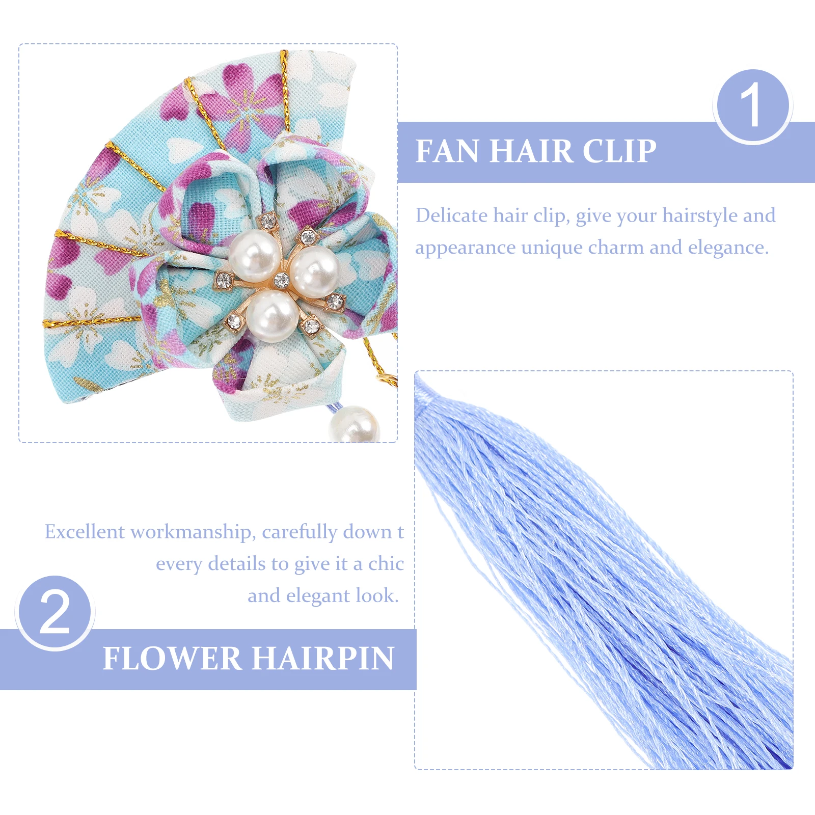 

2Pcs Fan Hairpin Clip Tassel Barrette Japanese nament Sky blue Elegant Style For Wedding Party Photography Accessories