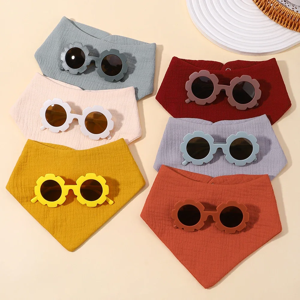 2Pcs Baby Bib Glasses Set Crepe Triangle Saliva Towel Baby Bibs Infant Cotton Bib Newborn Bandana Burp Cloth Feeding Drool Bibs