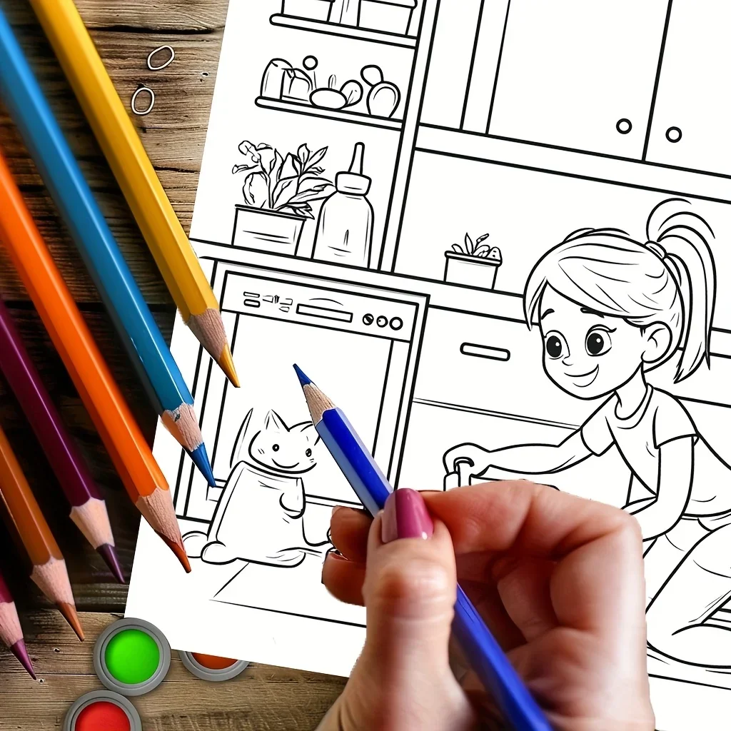 女の子の日常生活の大人向け塗り絵 |   28ページの塗り絵、クリスマスや感謝祭のための画材