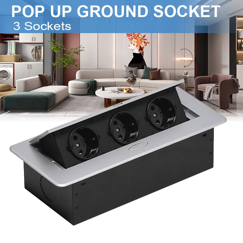 USB Charging Socket With EU Cable Plug Desktop Table Pop Up 3 Outlet Aluminum Panel Office Kitchen Cabinet Electrical Socket