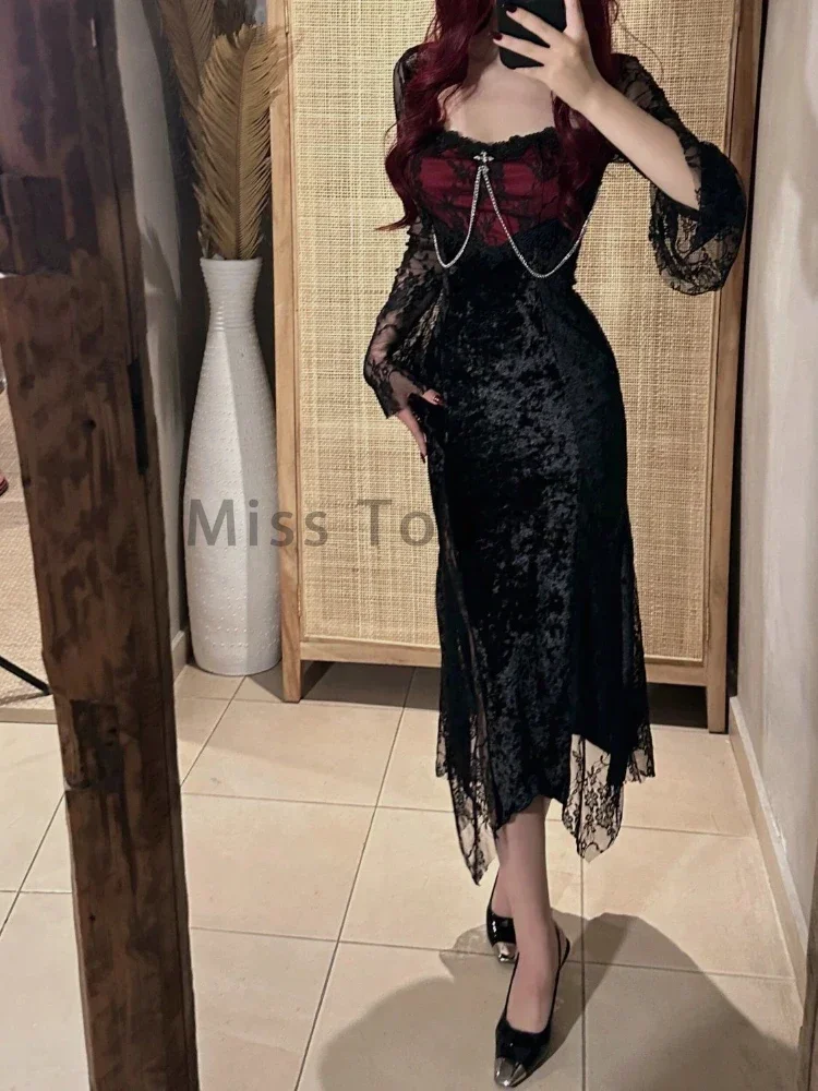 Summer Gothic Grunge Y2k Lace Dress Women Dark Academia Sexy Slim Party Dresses Korean Fashion Design Festival Long Prom Dress