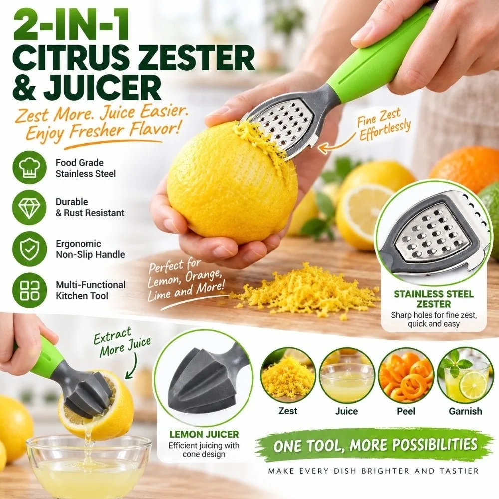 2-in-1 Citrus Zester & Reamer with Grater Stainless Steel Lemon Zester Juicer Combo Dual Head Non Slip Juice Extractor Tool