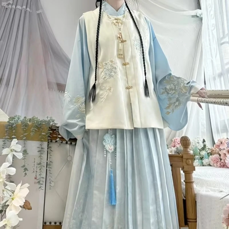 Women's Chinese Style Ancient Daily Embroidery Hanfu Full Set Female Ming Dynasty Round Neck Bijia Vest Shirt Dress 3-piece Set