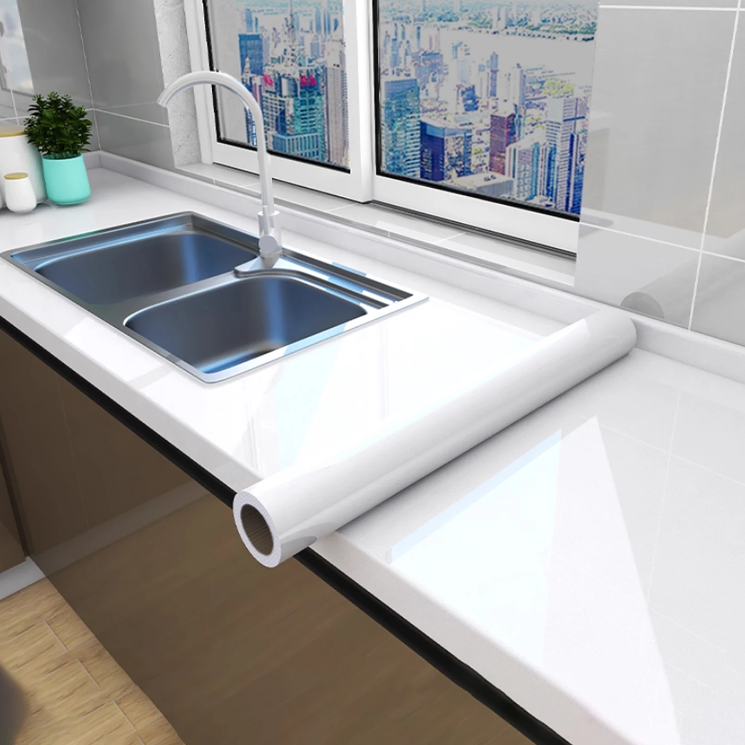 Papel de Contacto blanco brillante, papel tapiz para armario de cocina, papel de Contacto adhesivo impermeable para encimera