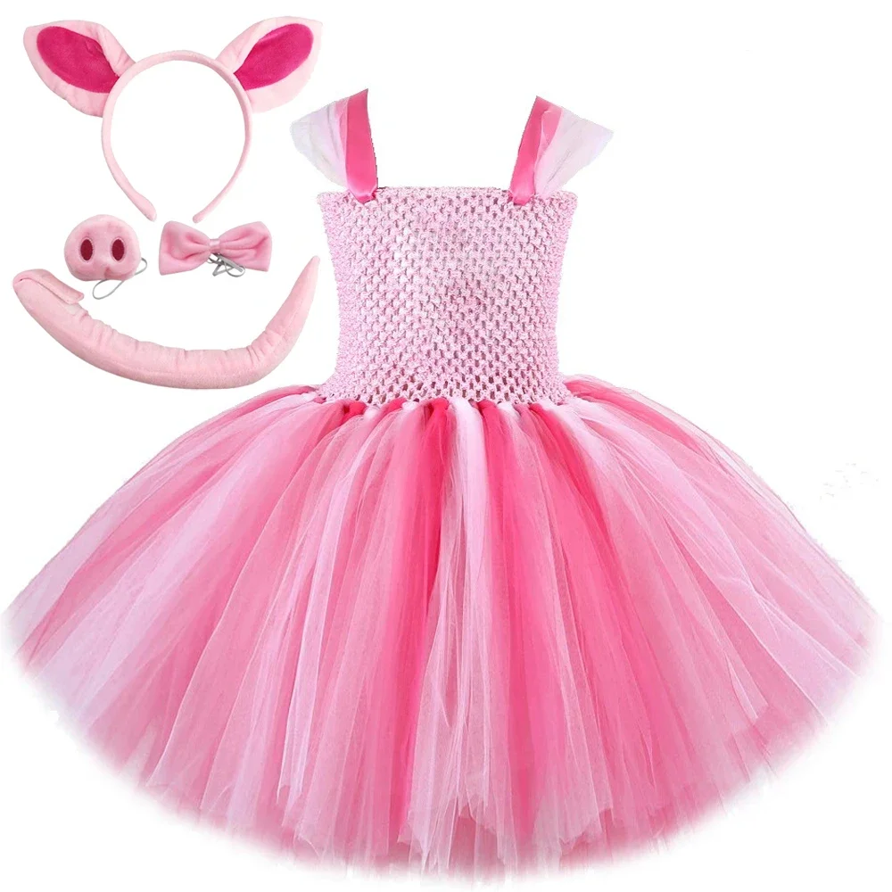 

Girls Pink Pig Tutu Dress for Kids Toddler Little Piggy Cosplay Costumes Birthday Animal Outfit with Ears BowTie Tail Nose 1-14T