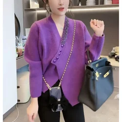 Purple chic dress placket fashion knit cardigan 2023 winter new versatile asymmetric design warm cardigan sweater female tops