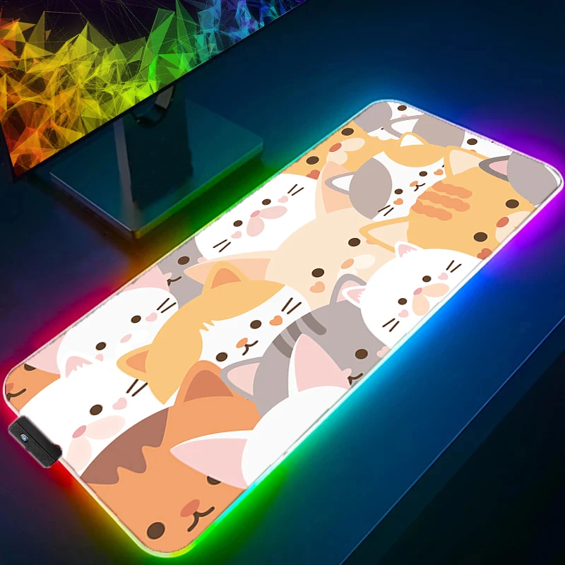 RGB LED Mouse Pad Mousepad Cute Amine Cat Computer Keyboard Pad Mouse Mat Gamer Soft Office Carpet Table Mat Desktop Mat