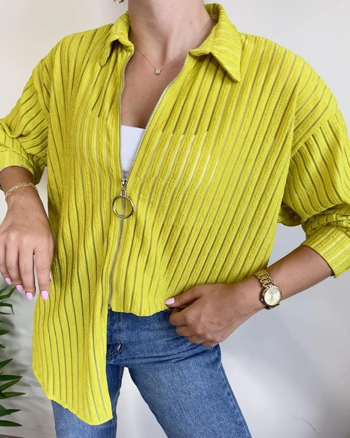 Fashion Woman Blouse 2024 Spring Zipper Design Turn-Down Collar Casual Plain Long Sleeve Loose Daily Semi-Sheer Shirt Top