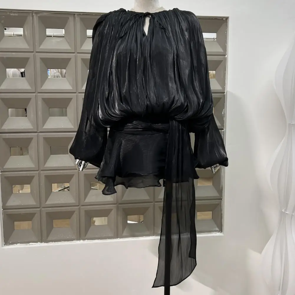 

Women Dress Shirt Zipper Closure Casual Tops Round Neck Lace-up Puff Long Sleeve Pullover Tops Daily Wear