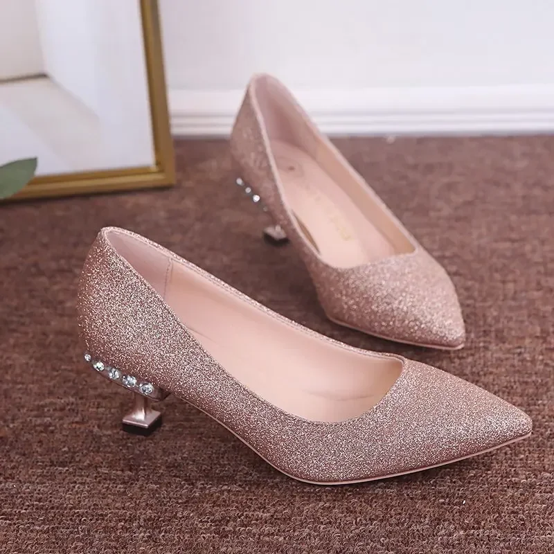 Rhinestone Elegant High Heels Women\'s Silver /Gold/Black/Pink Sequin Party 5cm Low Heels Wedding Shoes for Bridal Woman Pumps PU