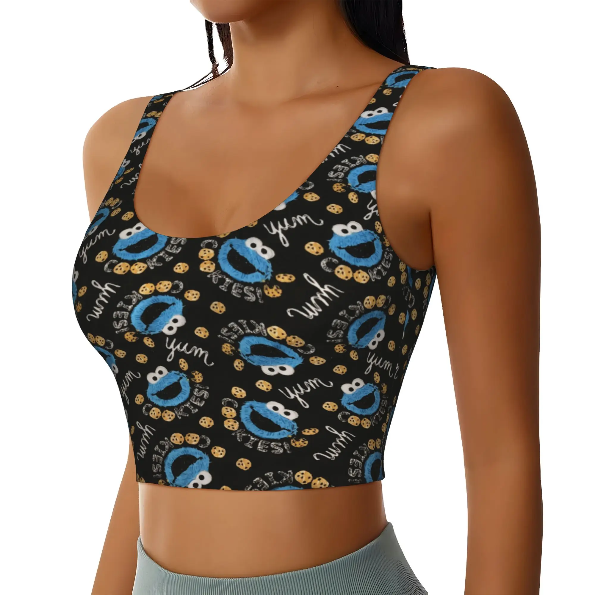 Custom Cookies Anime Monsters Sports Bra Women Elmo Cartoon High Impact Workout Yoga Crop Top