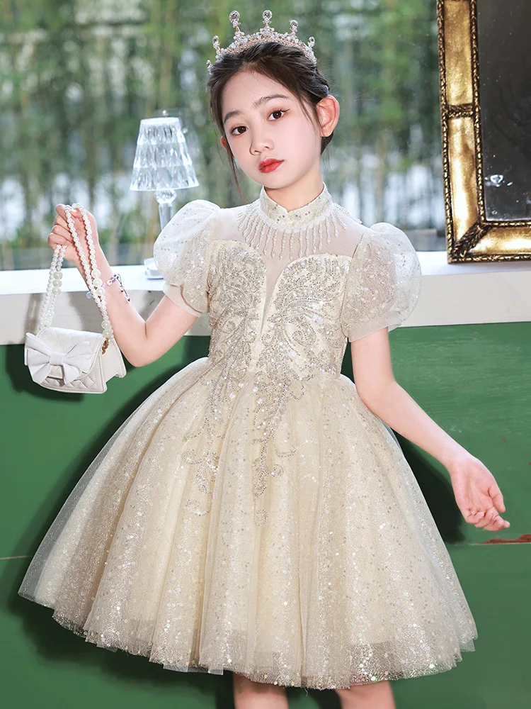 Girl\'s Dress Light Luxury Minority Costume for Piano Performance Host Flower Girl Ball Dress