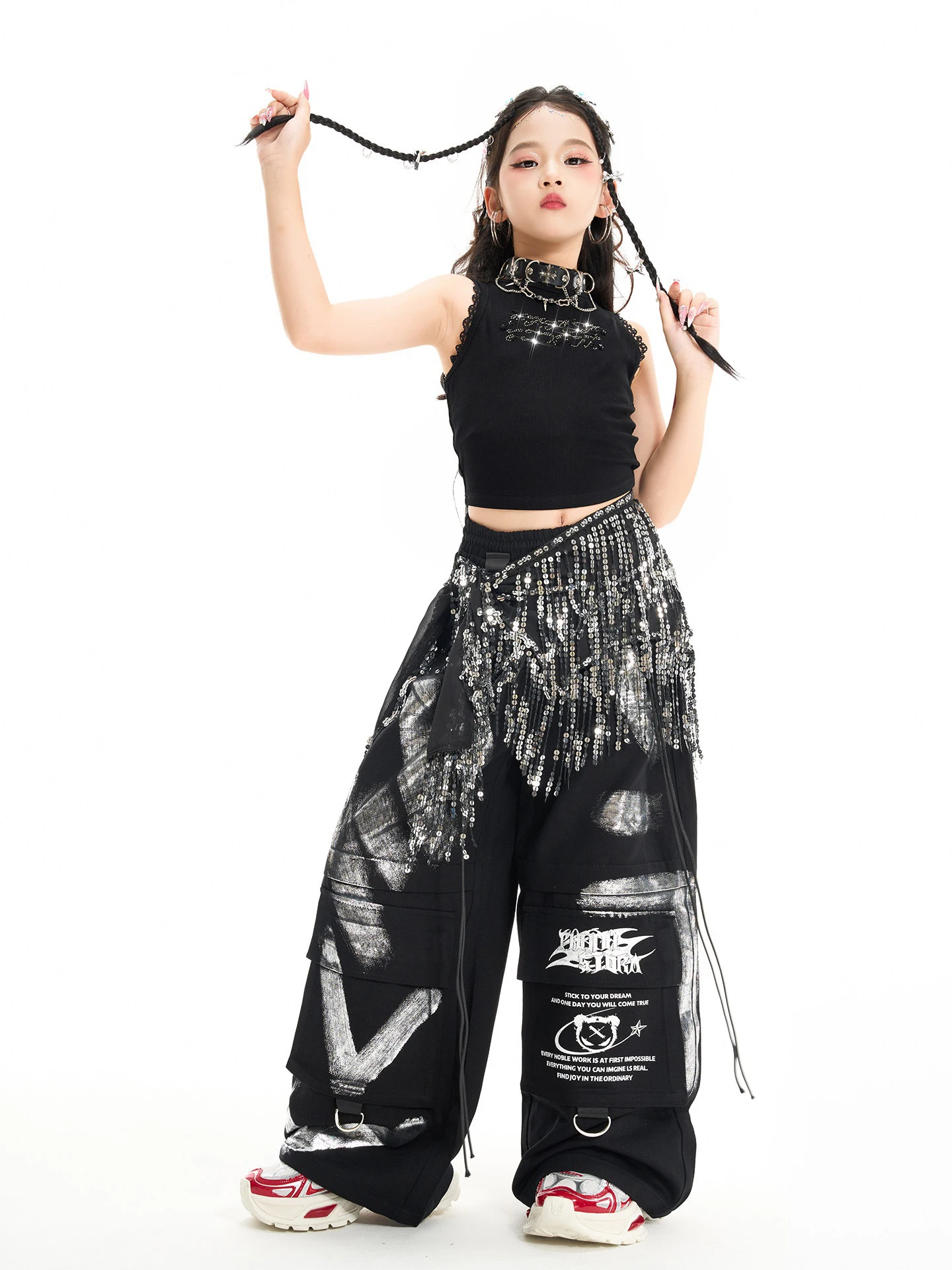 Children Jazz Kpop Dance Costume Girls Lace Diamond Vest Black Pants Hip Hop Dance Performance Clothing Modern Dancewear BL19127
