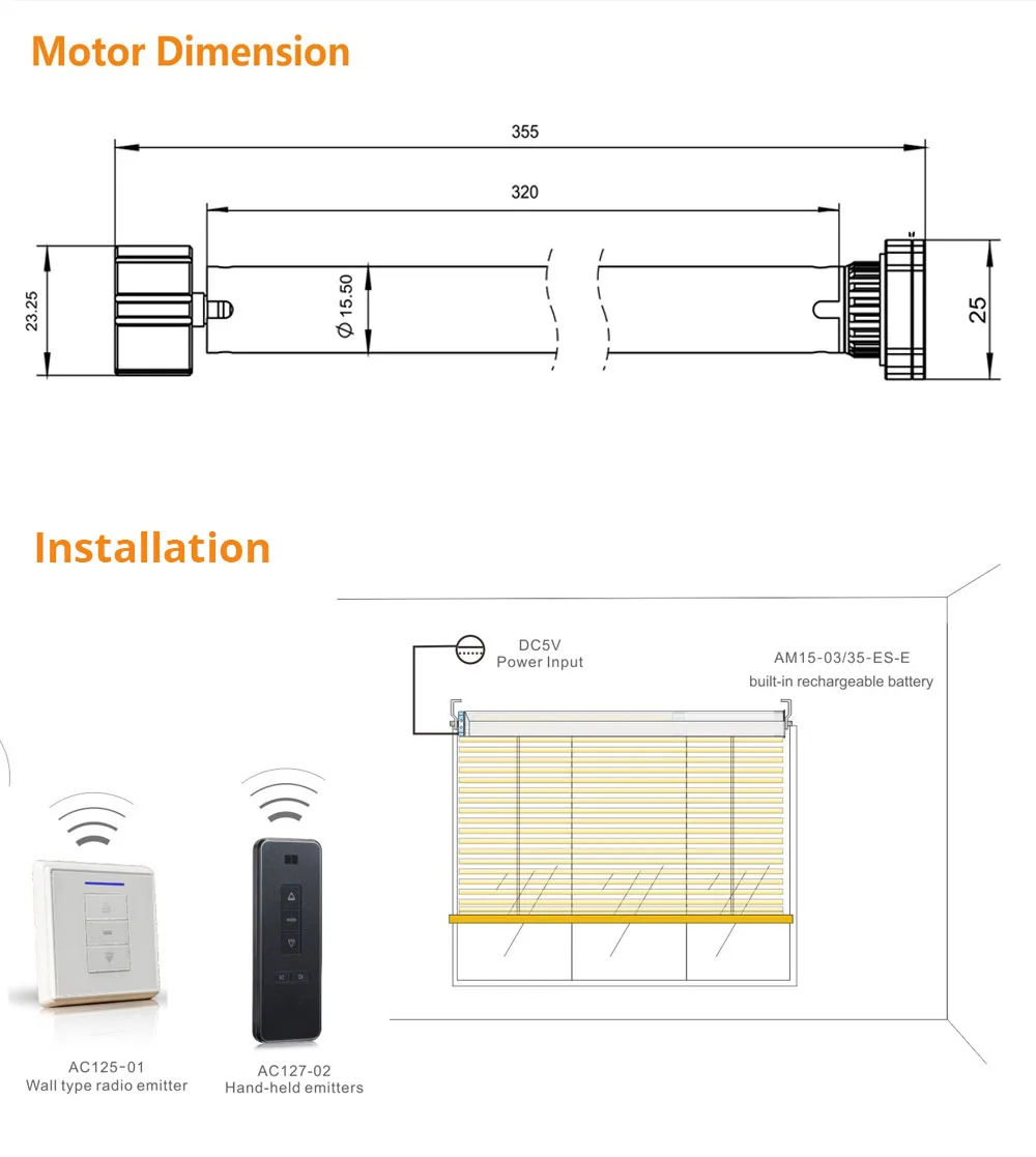 Blindsmart Roller Blind Motor USB Rechargable for 17mm 25mm 28mmTube Roller Shade Built in Battery Tuya Broadlink Control