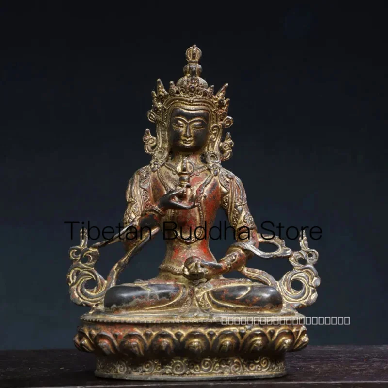 

21cm Tibetan Brass Mud Gold Vermilion Sand Painted Satattva Vajra Tara Avalokitesvara Bodhisattva Statue