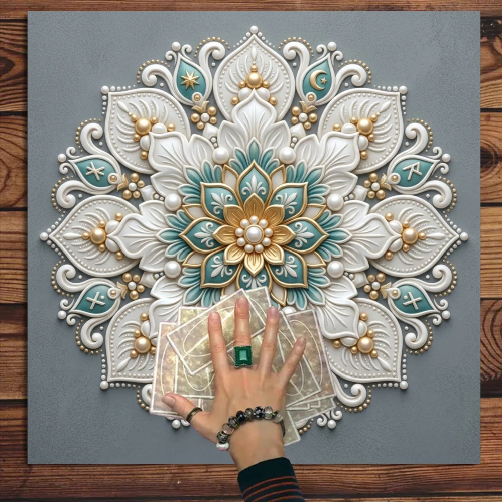 Retro European Mandala Tablecloth, Exquisite White‑Blue‑Gold Floral Geometric Print, for Tarot Crystal Healing Rituals