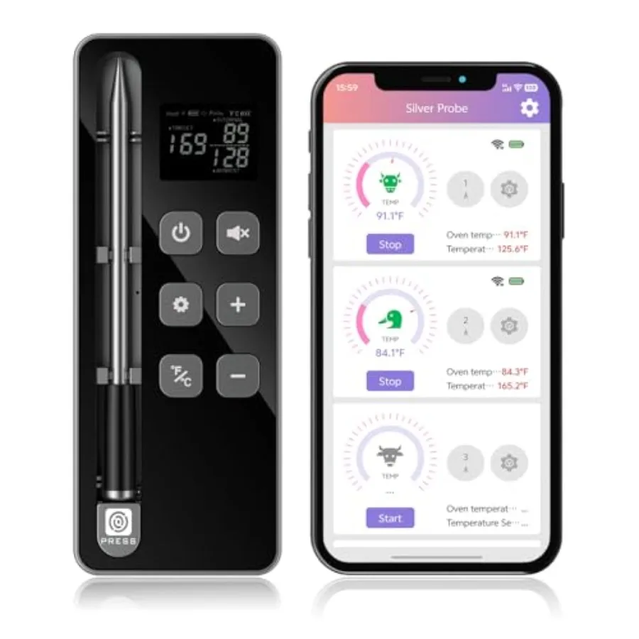 

Умный беспроводной Bluetooth-термометр для мяса с дисплеем и подставкой для гриля, духовки, коптильни, точность NIST 0.5F, термостойкость до 1000F
