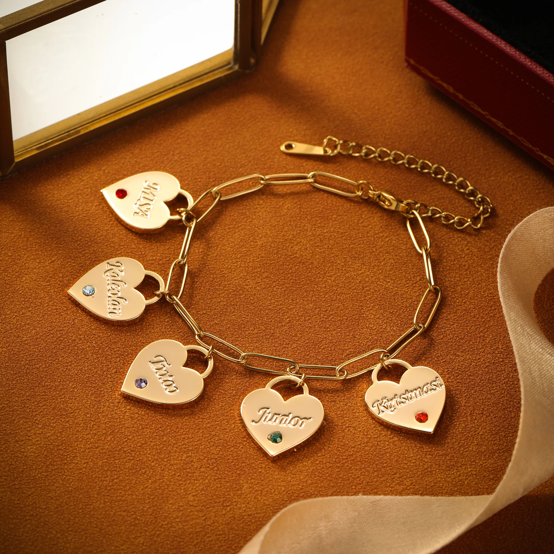 

Custom Birthstone Name Bracelet Personalized Heart Charm Bracelet Deep Engraved Name Jewelry Gift for Mom Christmas Day Gift