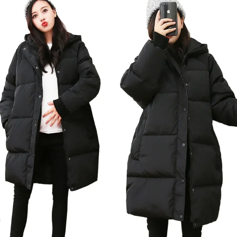 Women Maternity Winter Puffer Jacket Long Outerwear Coat Splashproof Windproof Hooded Down Jacket Pregnant Long Winter Coat