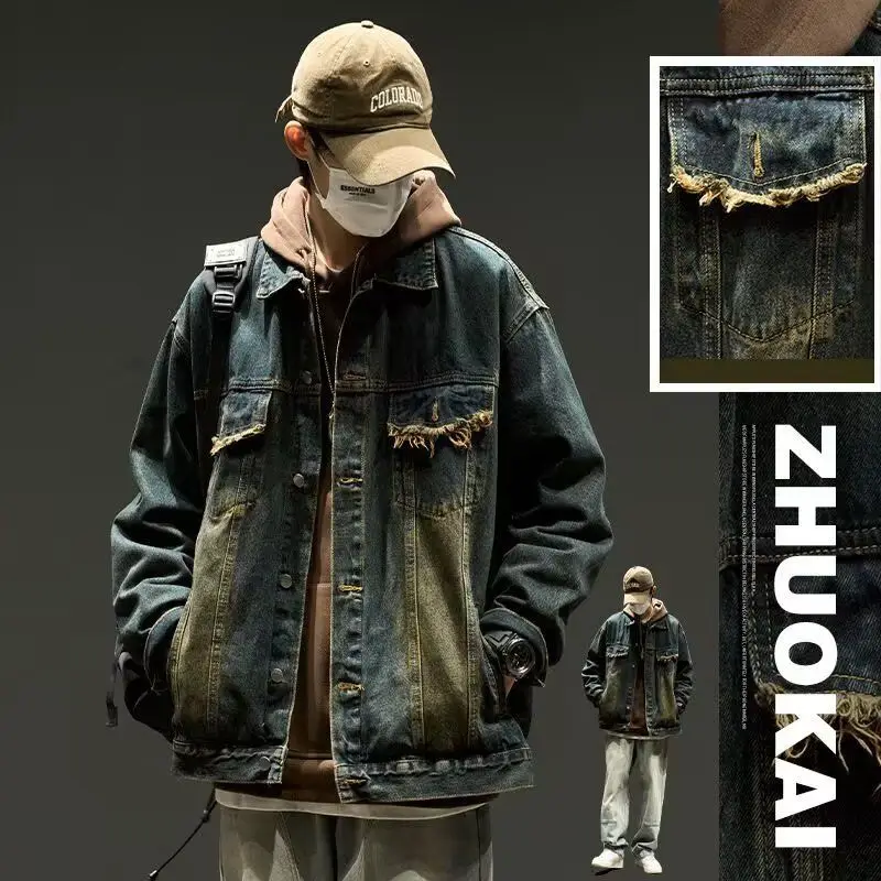

Loose Men's Denim Jaet Spring Autumn Harajuku Sle Trendy Korean Hong Kong Sle Street Faion Outerwear Stand Fit Lon...
