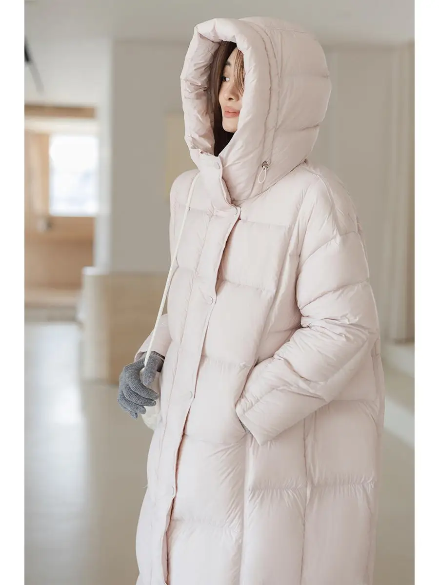 

Розово-белый пуховик-пуховик для женщин, свободный крой, теплый, легкий, длинный, с капюшоном, повседневный, зимний, новинка