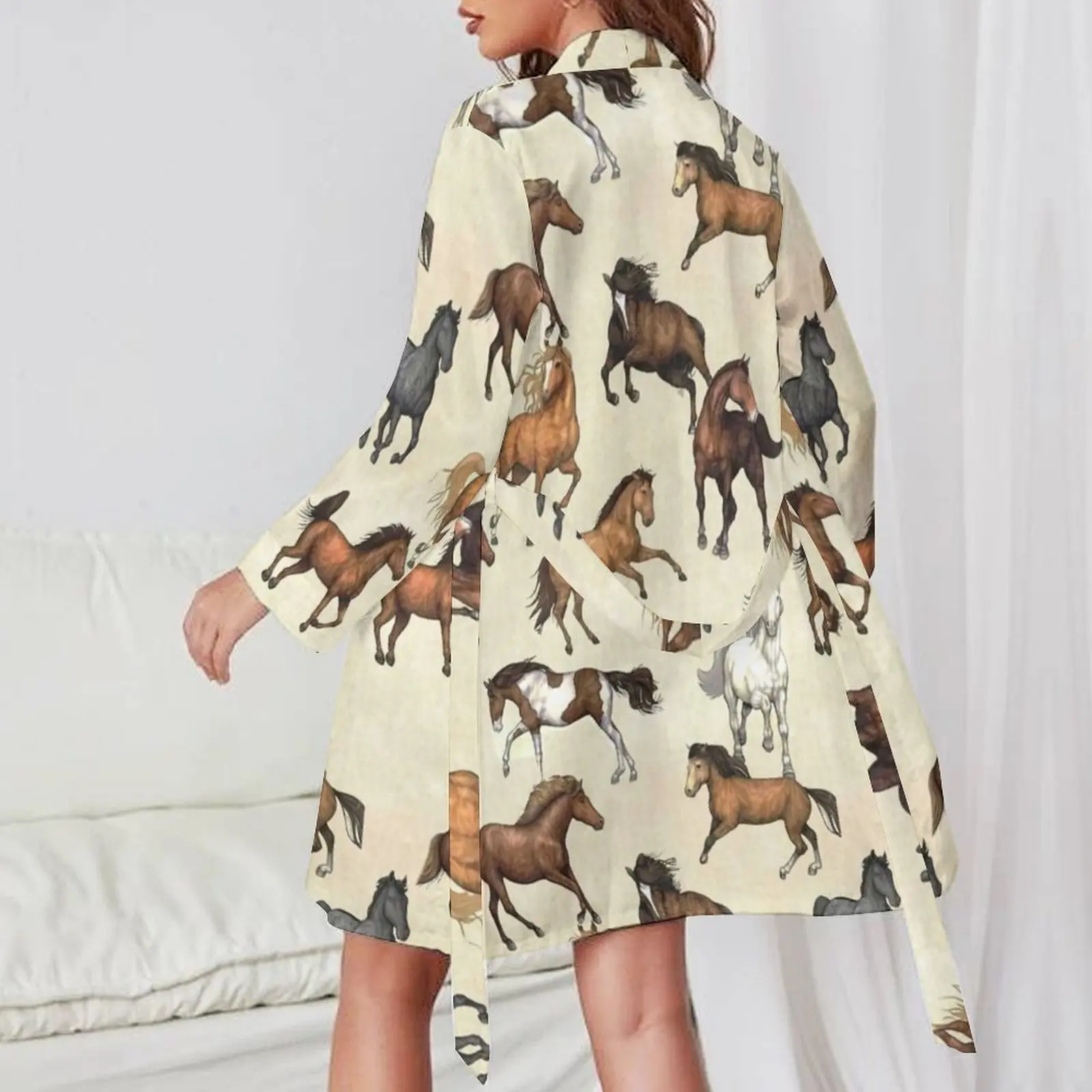 Sunset Horse Pajama Robe Horses Riding Funny Long-Sleeve Sexy Pajamas Robes Female V Neck Casual Loose Bathrobe Graphic Dress