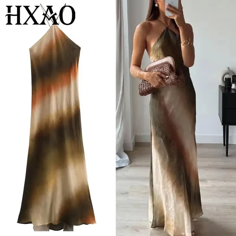 เดรสผูกคอ HXAO ลายมัดย้อม สไตล์วินเทจ สำหรับผู้หญิง เดรสเปิดไหล่ยาวปานกลาง ชุดเดรสยาวเปิดหลังสำหรับฤดูร้อน ชุดเดรสไปเที่ยวทะเล