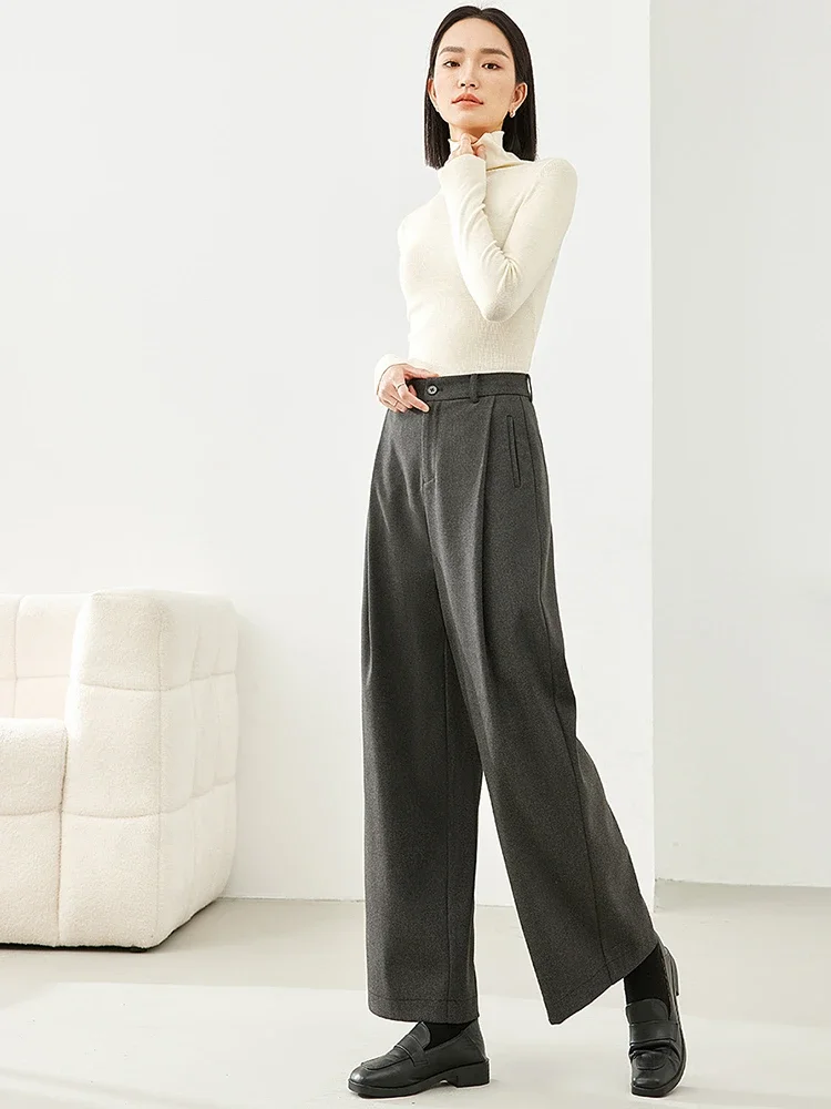 Vimly Grey Woolen Wide Leg Dress Pants for Women 2023 Winter Straight Loose Casual Trousers Female Suit Pant Woman Clothes M5570