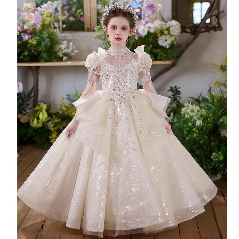 2026 Girls Champagne Formal Birthday Party Performance Flower Girl Wedding Clothes Banquet Princess Gown Elegant Kids Host Piano