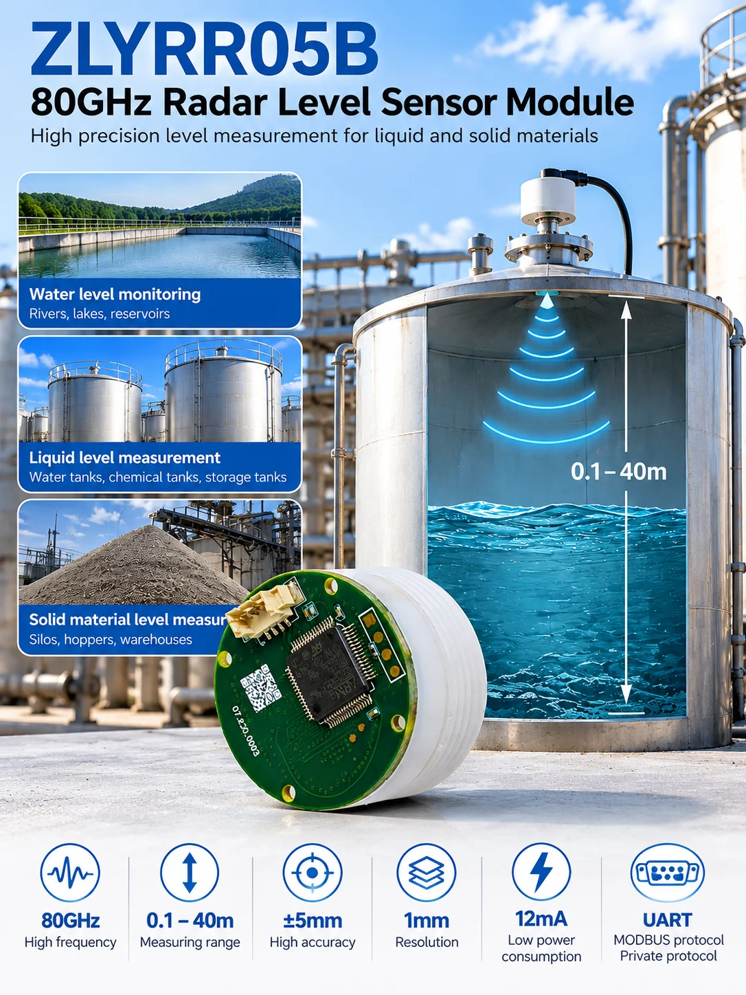 80GHz 40m Radar Level Sensor ZLYRR05B High Precision UART for Water Tank Liquid Level Measurement