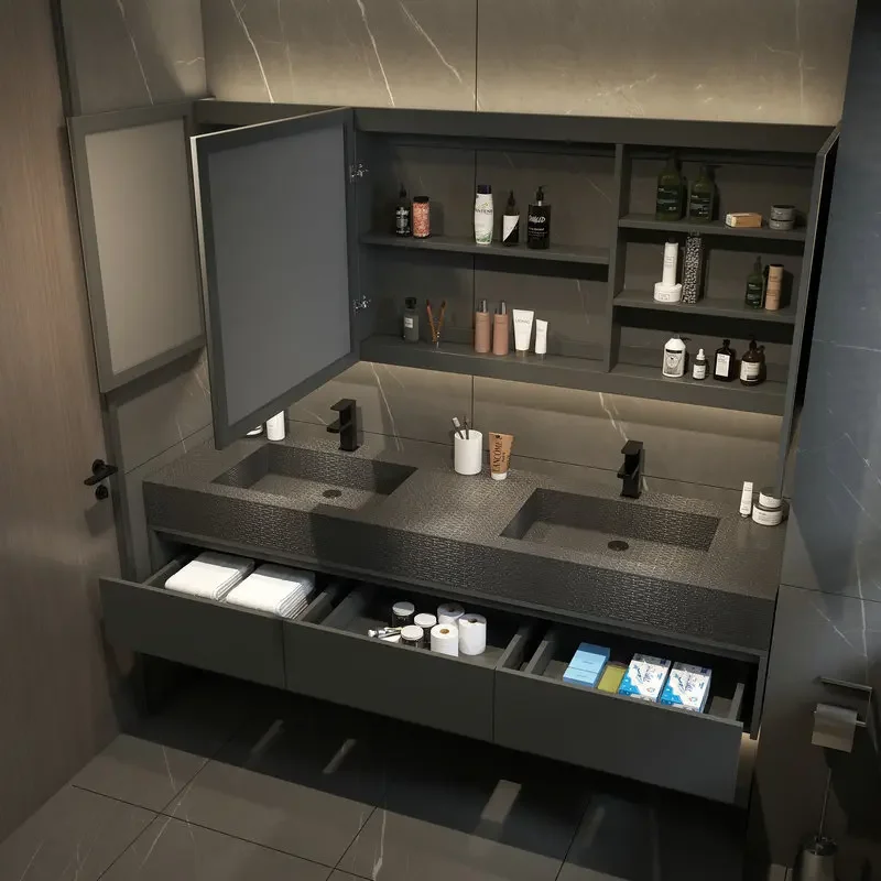 Modern Black Bathroom Cabinets Slate Integrated Seamless Washbasin with Drawers Bathroom Vanity with Sink Bathroom Furniture