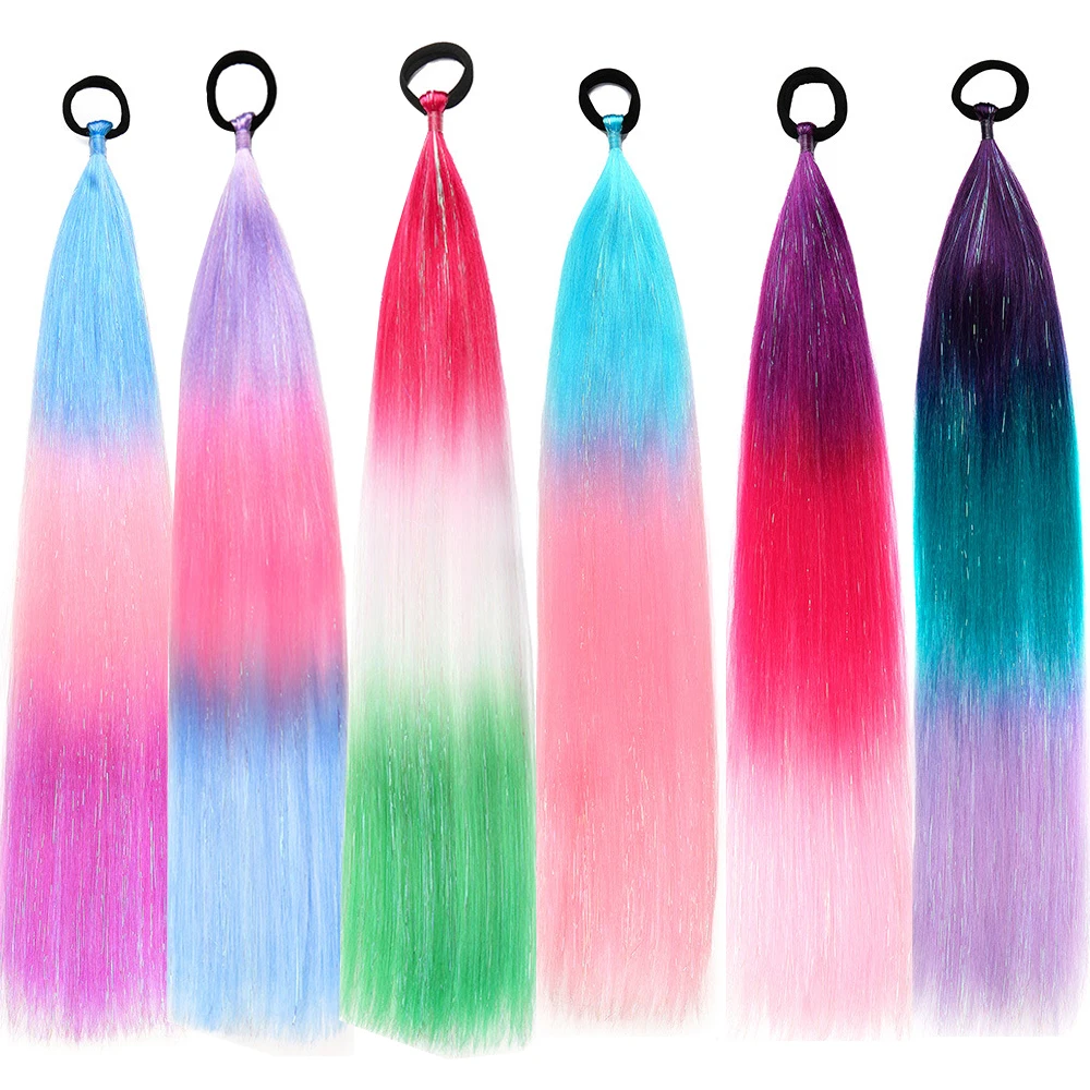 24-Inch Rainbow Ombre Glitter Braids Silky Straight Synthetic Hair Extensions with Sparkle Tinsel Ponytail Wrap