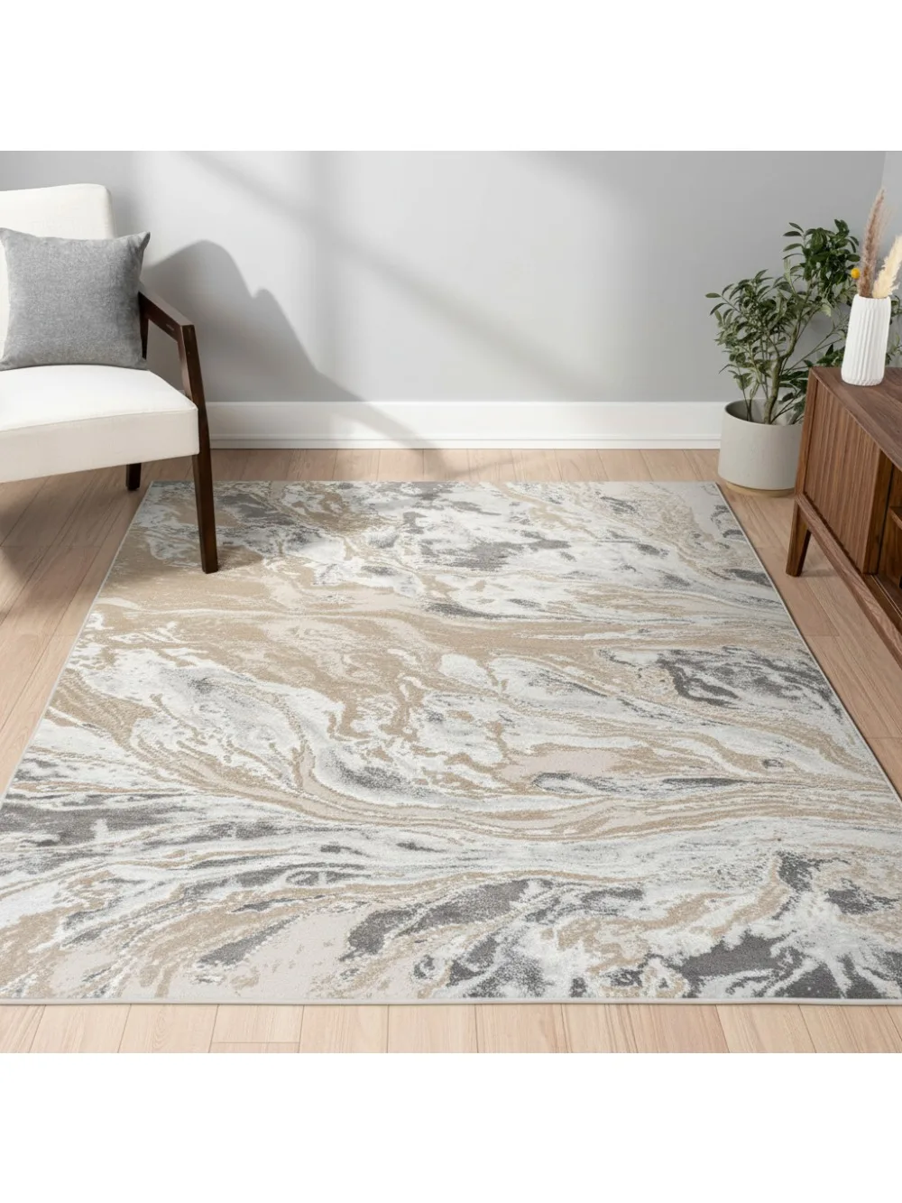 

Abstract Marbled Beige/Ivory Area Rug 4x6 ft, Easy-Cleaning, Pet-Friendly, Non-Shedding for Living Room, Bedroom