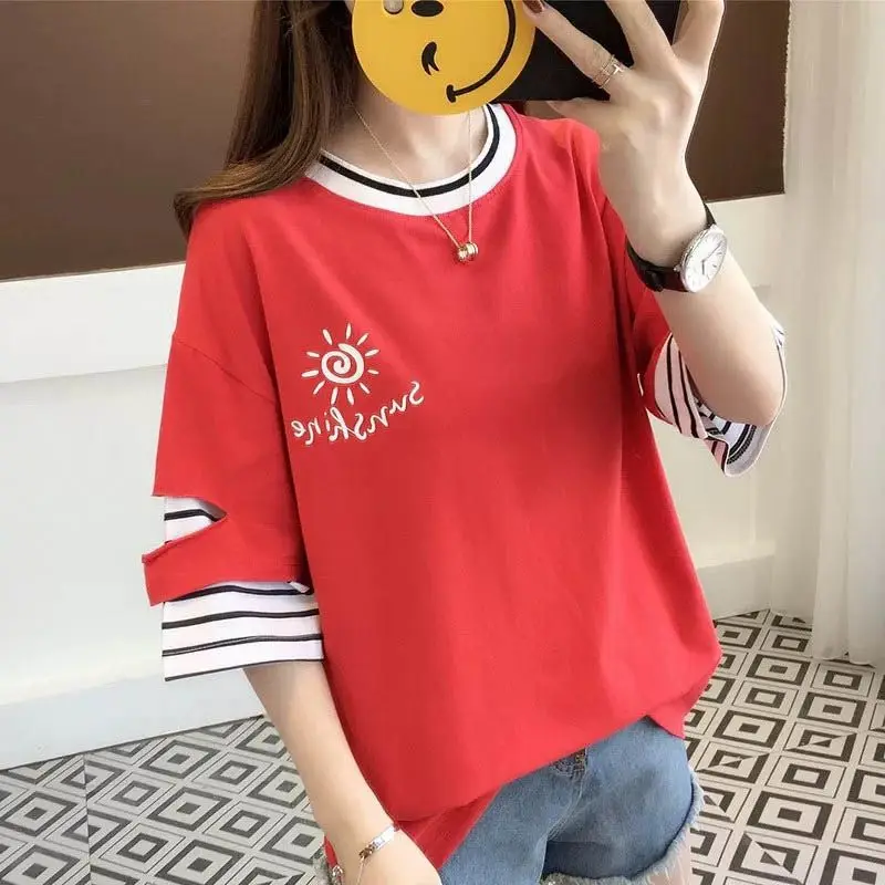 Fashion Printed Spliced Striped Fake Two Pieces T-Shirts Female Clothing 2024 Spring Summer Loose Korean Tops Casual Tee Shirt