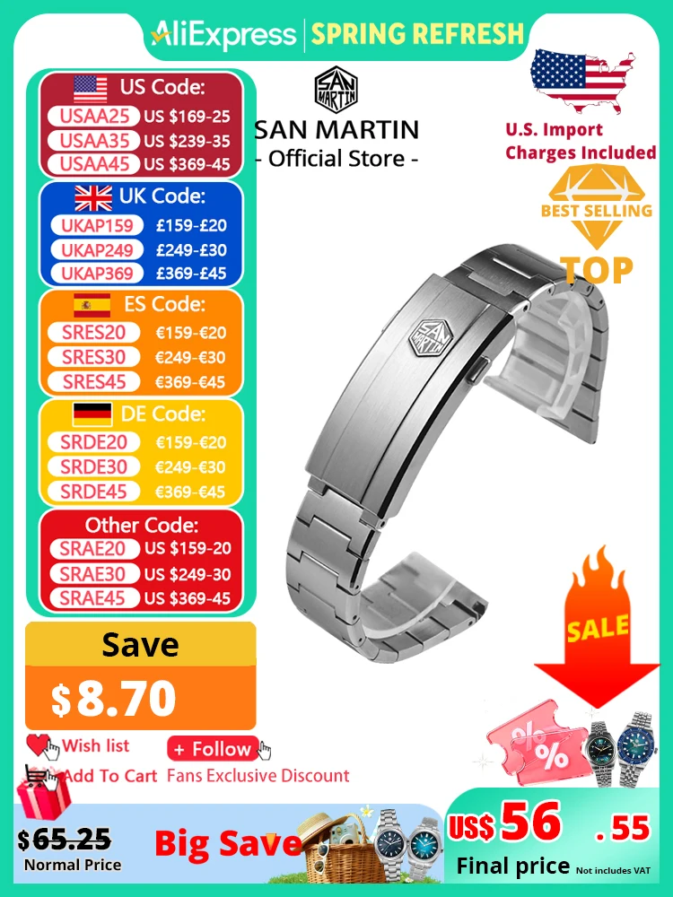 

San Martin SN0151 Bracelet 316L Stainless Steel Y Links OTF Adjustable Clasp Watch Parts Strap For 18mm 20mm Dedicated Endlinks