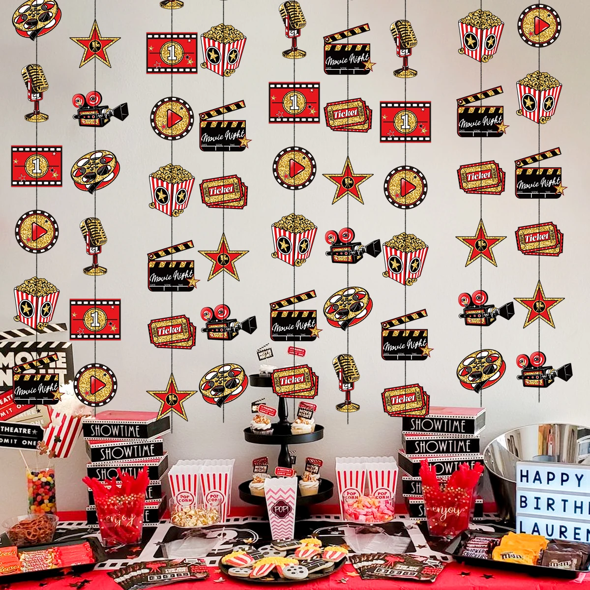 Guirnalda de Papel con Temática de Cine, Decoración para Pared o Puerta, para Noche de Cine, Cumpleaños, Accesorios para Fotos, Decoración de Fiestas