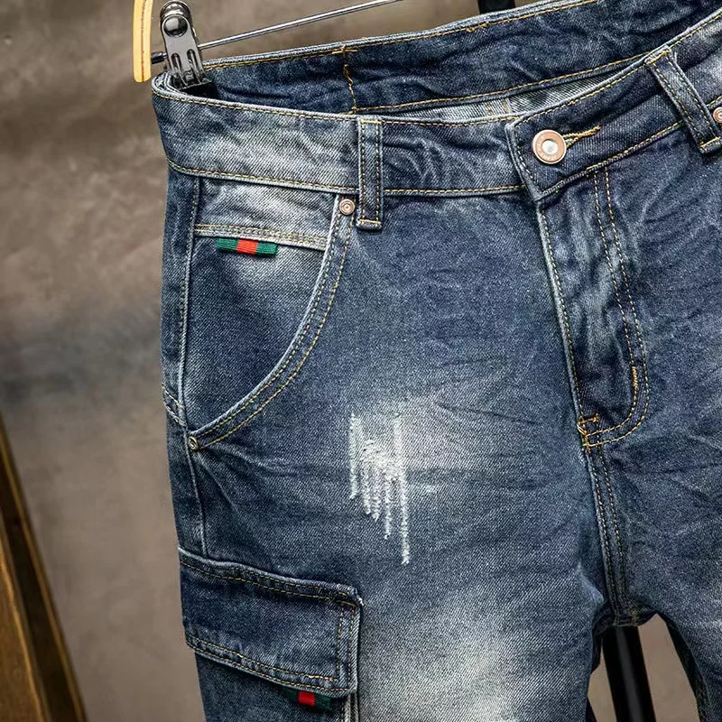 Trendy Men's Ripped Five-Quarter Denim Shorts Summer Multi-Pocket Workwear  Riding Pants Loose Straight Leg Jeans view 3