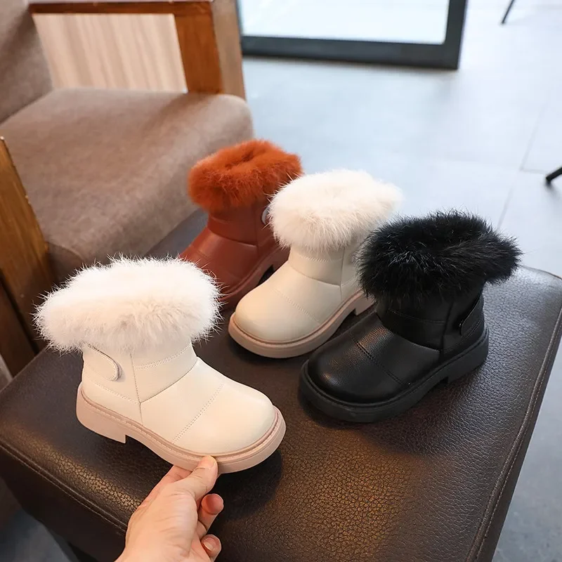 Children Snow Boots Solid Color Winter Girls Short Leather Boots Thick Warm Plush Fur Kids Fashion Boots Anti-Slippery 2024 New