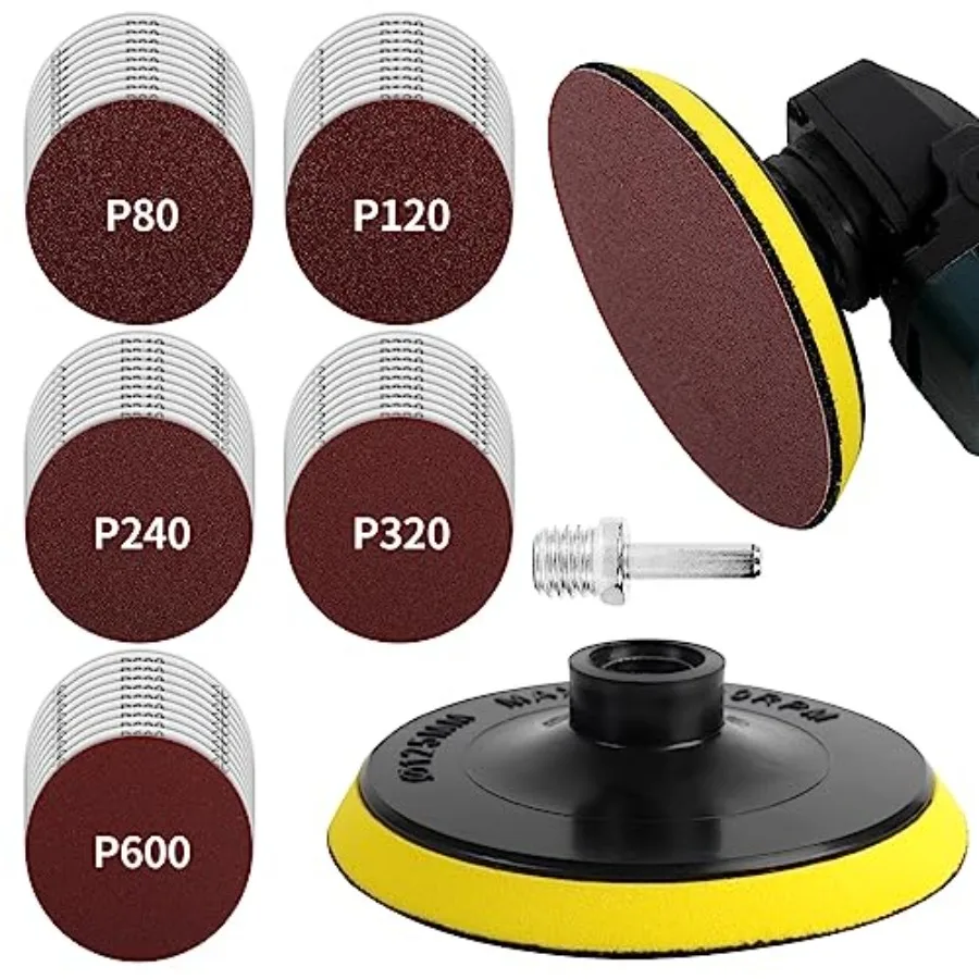 5 Inch Hook and Loop Backing Pad with 50PCS Sanding Discs, Angle Grinder Attachments with 5/8-11 Threads, Sanding Pad for Wood