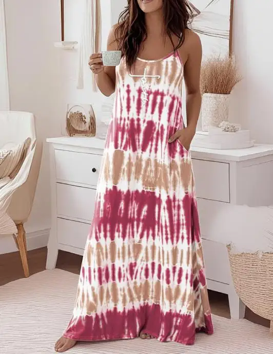 เดรสยาวผู้หญิงลายพิมพ์ไท-ได้ ตัวอักษร New Faith คอทรงยู สายเดี่ยวปรับได้ ทรงหลวม เปิดหลัง สไตล์ลำลอง