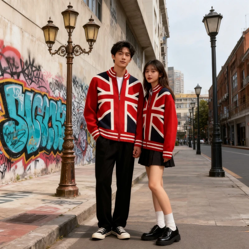 

2025 осенне-зимний мужской свитер, куртка с американским красным флагом, полосатый дизайн, кардиган на молнии, уличный стиль для пары
