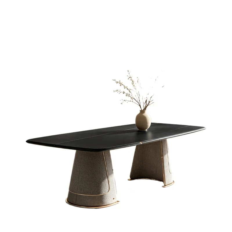 8-Seat dining table, black sintered stone countertop, double-slot leather cover, base, luxury modern style family dining table