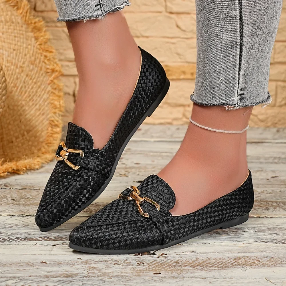 Women Pointed Toe Woven Loafers Metal Chain Buckle Decor Slip On Breathable Soft Sole Office Casual Flat Shoes
