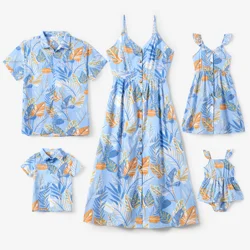 Patpat Familie passend zu tropischen Blumen Strand hemd und Blatt muster Knopf oben Riemen Kleid Sets