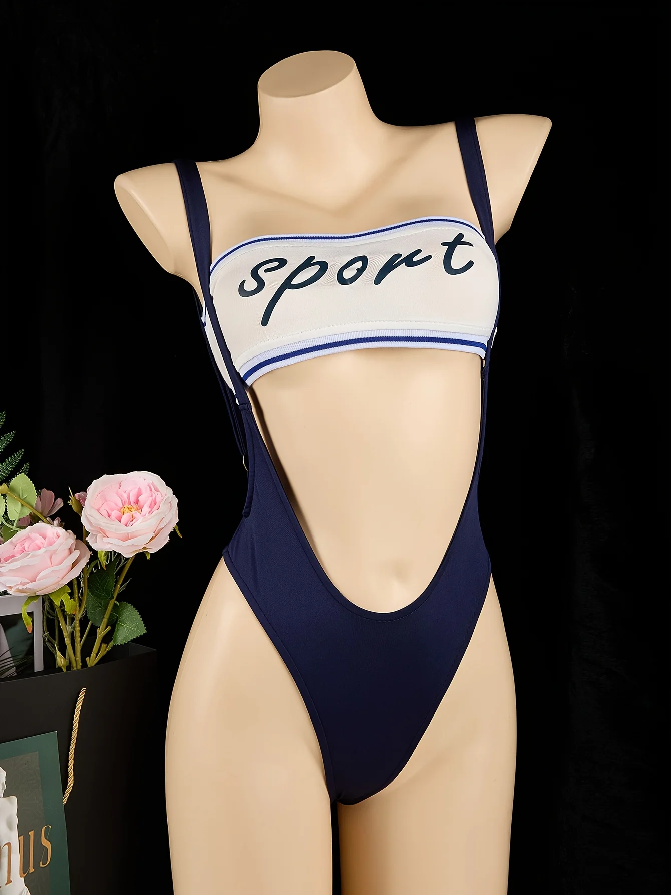 

Color Block Sexy Lingerie Set for Women, 2pcs White & Blue Hollow Out Strappy Teddy Bodysuit & Hot Sport Top, Lingerei & Underwe