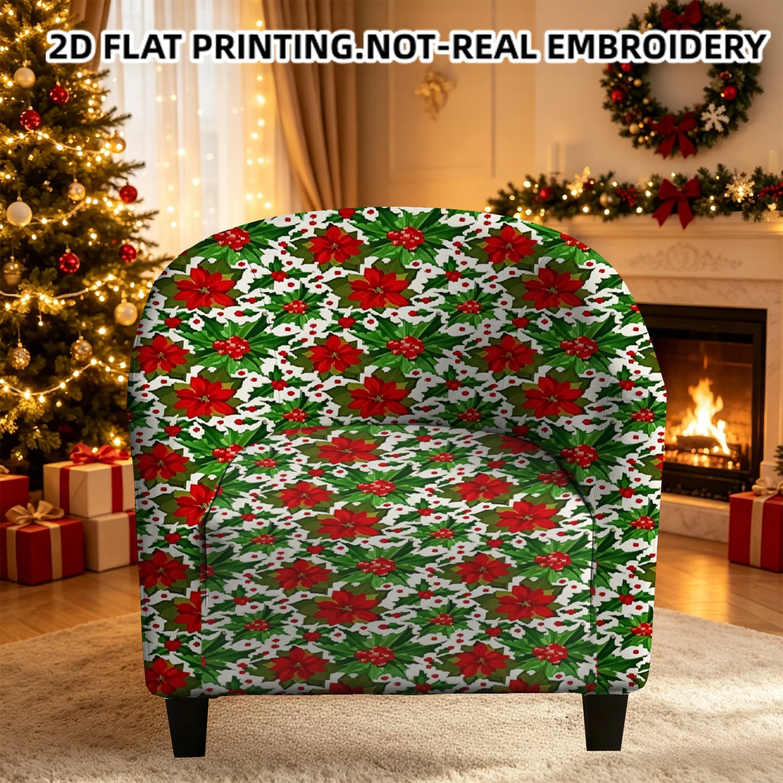 Seamless Christmas floral pattern red poinsettias berries printed armrest sofa cover, 2D printed elastic single club sofa cover