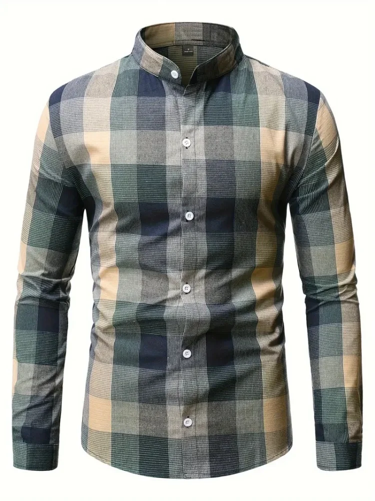 2025 nueva camisa informal a cuadros de manga larga con cuello levantado para hombre, ropa de moda para viajes de negocios para las cuatro estaciones