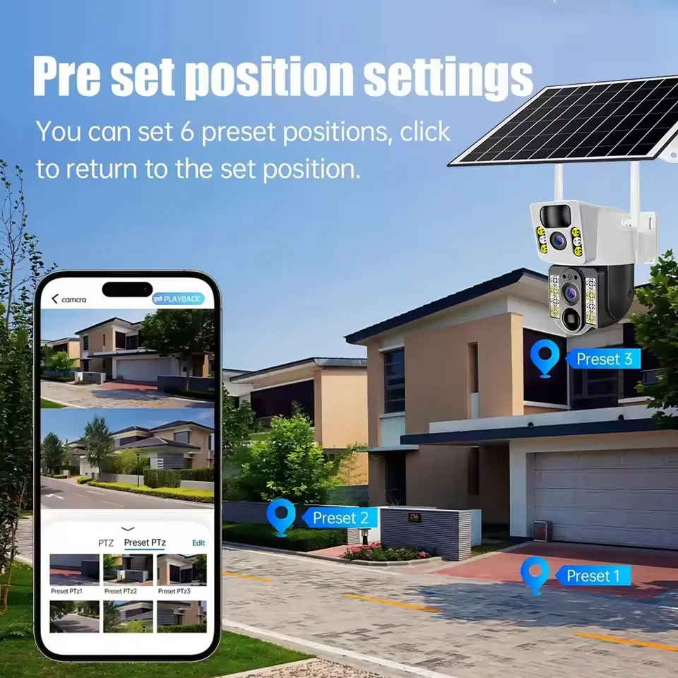 8MP HD كاميرا تعمل بالطاقة الشمسية واي فاي كاميرا IP CCTV 360 درجة مراقبة فيديو مراقبة AI PIR كشف الإنسان تعمل بالطاقة الشمسية في الهواء الطلق IP66